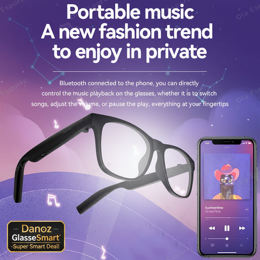 Glasses with Bluetooth connectivity to a phone for music control on a purple and pink gradient background.