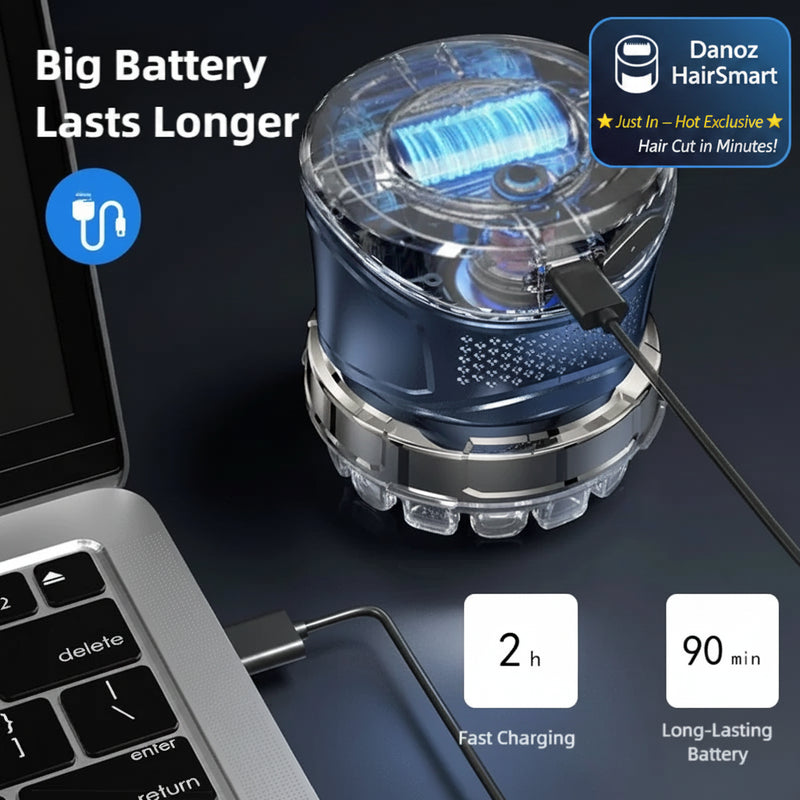 Blue battery pack with charging cable on a laptop, highlighting fast charging and long-lasting battery features.