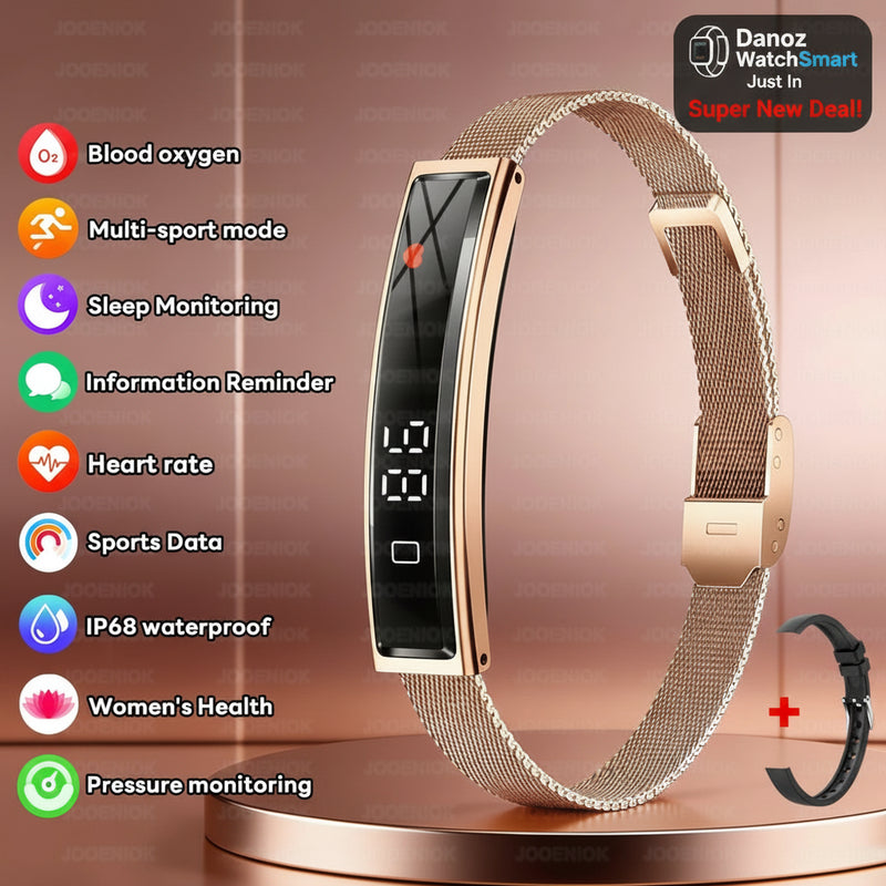 Smart bracelet with features listed on a gradient background
