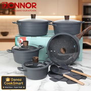 Donnor cookware set with pots, pans, and utensils on a white background