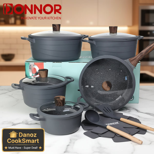 Donnor cookware set with pots, pans, and utensils on a white background
