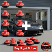 Red and black joystick caps with promotional text on a white background