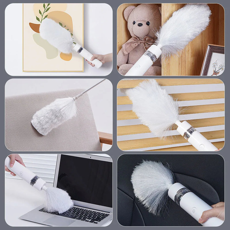 Six-panel collage showing a handheld white duster with a long metal handle being used to clean a framed print, a teddy bear, a chair, wooden slats, a laptop, and a car seat. The duster has a fluffy white brush head and a white cordless handle with silver metallic accents.