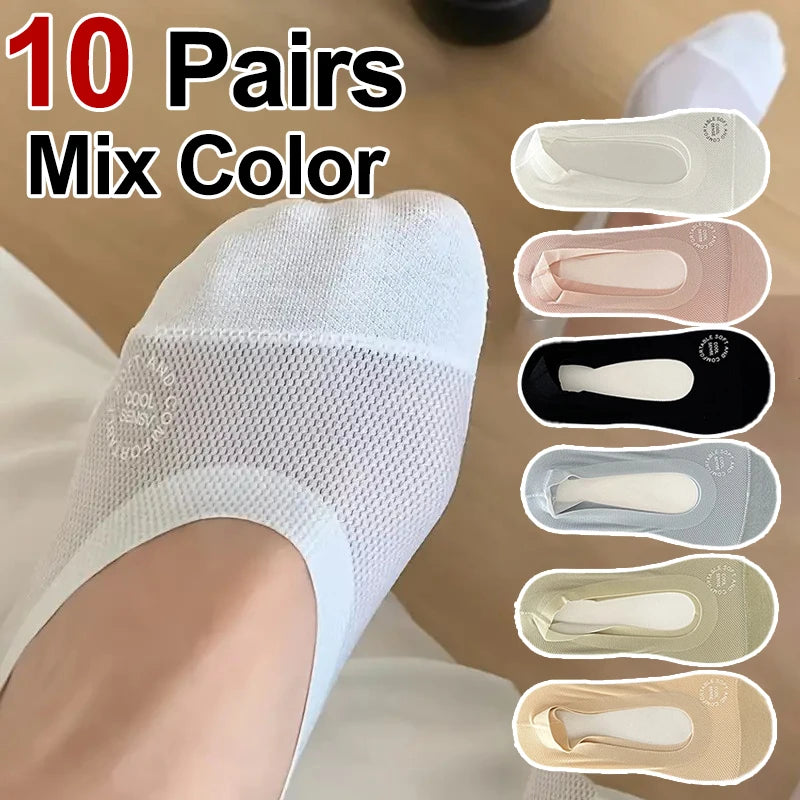 Danoz SockSmart - 4 or 10 Pairs Women Breathable Mesh Invisible Socks Spring Summer Thin Soft Comfortable Silicone Anti Slip Cotton Casual Socks