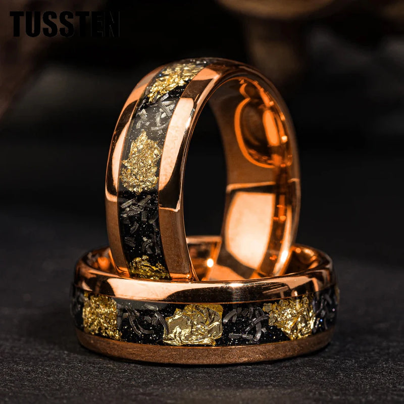 Danoz SmartRings - TUSSTEN 4/6/8MM Dome Edges Men and Women Fashion Engagement Wedding Band Meteorite Gold Foil Inlay Tungsten Carbide Rings