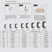 Instructions on how to measure finger size using paper, pen, and ruler, with a table of measurements.