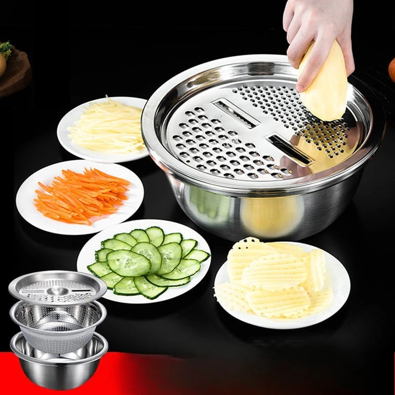 Danoz KitchenSmart - NicerSlicer -3PCS/1Set Vegetable Slicer, Stainless Steel Slicer, Potato Slicer, Vegetable Washing Basin, Drain Basket, Multifunctional