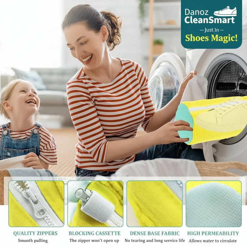 Woman and child with laundry basket in front of washing machine, with product features inset.