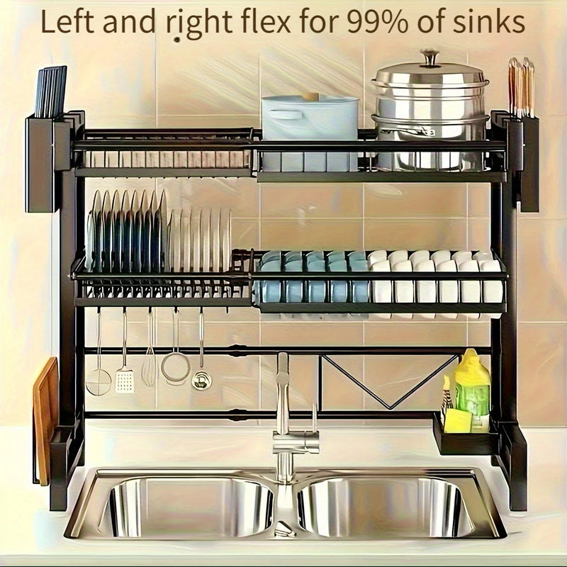 Danoz KitchenSorted - Adjustable black metal kitchen or laundry, rack for over the sink - 1 or2-layer expandable dishwasher rack with cutlery rack. Free Postage