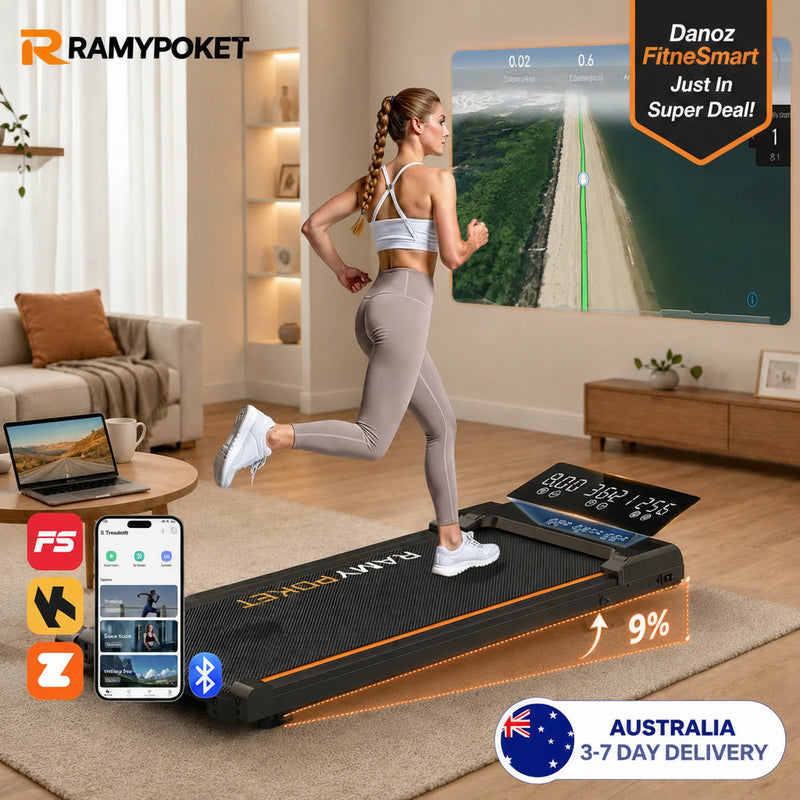 A woman jogging on a RAMYPOKET foldable treadmill in a modern living room setting. The treadmill features a digital display showing running metrics and a step graphic indicating 9% incline.