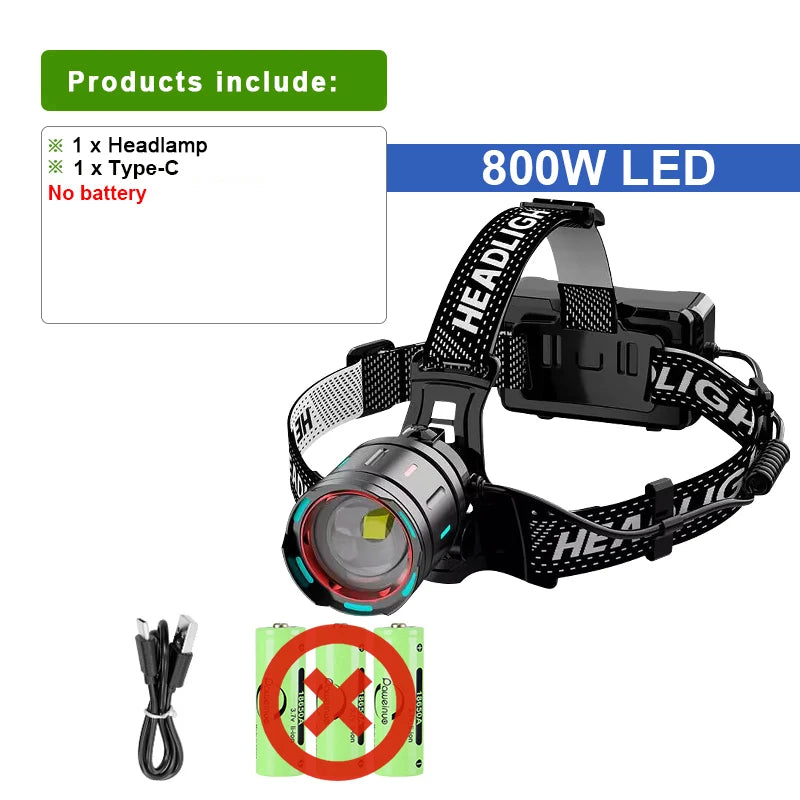 Danoz Lights - High Power 800W LED Headlight 500000000LM Super Bright Zoom Waterproof Headlamp Outdoor Camping Work Hunting Lantern