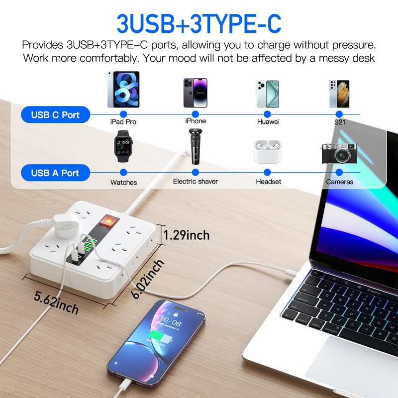 Danoz PowerSmart - The Power Board That Does It ALL! 18 Devices at Once, 12 Outlets + 6 USB Ports, Surge Protected, AU Plug 🔌