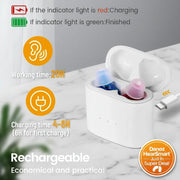 Wireless earbuds in a charging case with charging and working time information on a wooden surface.