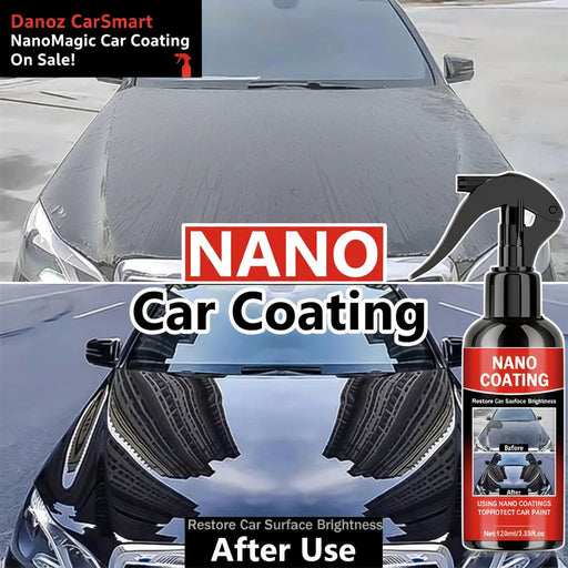 Nano car coating product with a spray bottle and before/after comparison of a car's surface.