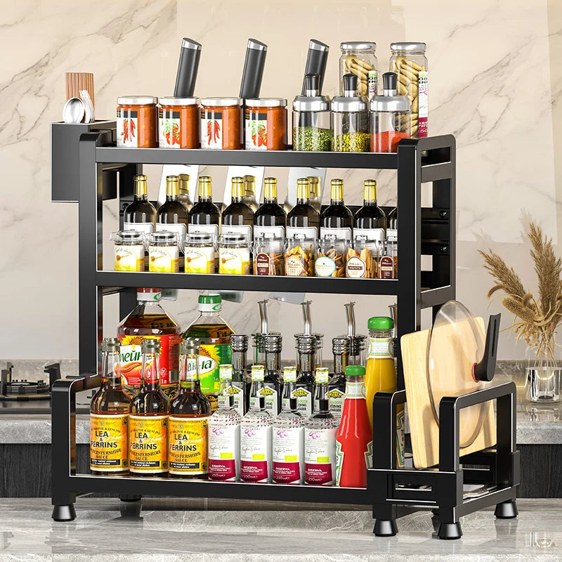 Danoz StoreSmart - 2-3 Tier Adjustable Metal Spice Rack Storage Box, Freestanding Multifunctional Kitchen Storage Rack, with Spice Protection and Fixing Device, Kitchen Organizer and Storage, Sturdy Rack/Hook Structure, Knife