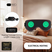 Black eye mask with green heating elements and temperature control line on a white background