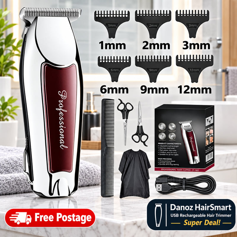 A professional hair clipper kit shown on a white background, including a silver clipper with a dark red panel, nine black guide combs labeled 1mm to 12mm, two scissors, a comb, a black cape, and a charging cable. The clipper has the word 'Professional' printed vertically on the front.