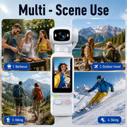 A white handheld camera gimbal is centered on a light blue background with the headline 'Multi - Scene Use.' Four lifestyle photo panels around it show the camera in use for barbecue, outdoor travel, hiking, and skiing, each labeled with an icon and number.