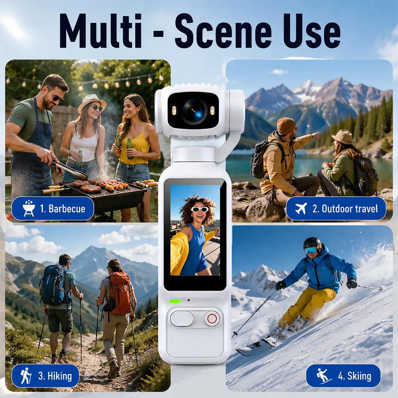 A white handheld camera gimbal is centered on a light blue background with the headline 'Multi - Scene Use.' Four lifestyle photo panels around it show the camera in use for barbecue, outdoor travel, hiking, and skiing, each labeled with an icon and number.