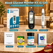 Blood Glucose Monitor Kit (G-520) set containing a blood glucose meter, lancet device, packaging box, user manual, batteries, test strips, and lancets, arranged on a white background with labels.