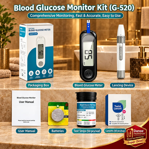 Blood Glucose Monitor Kit (G-520) set containing a blood glucose meter, lancet device, packaging box, user manual, batteries, test strips, and lancets, arranged on a white background with labels.
