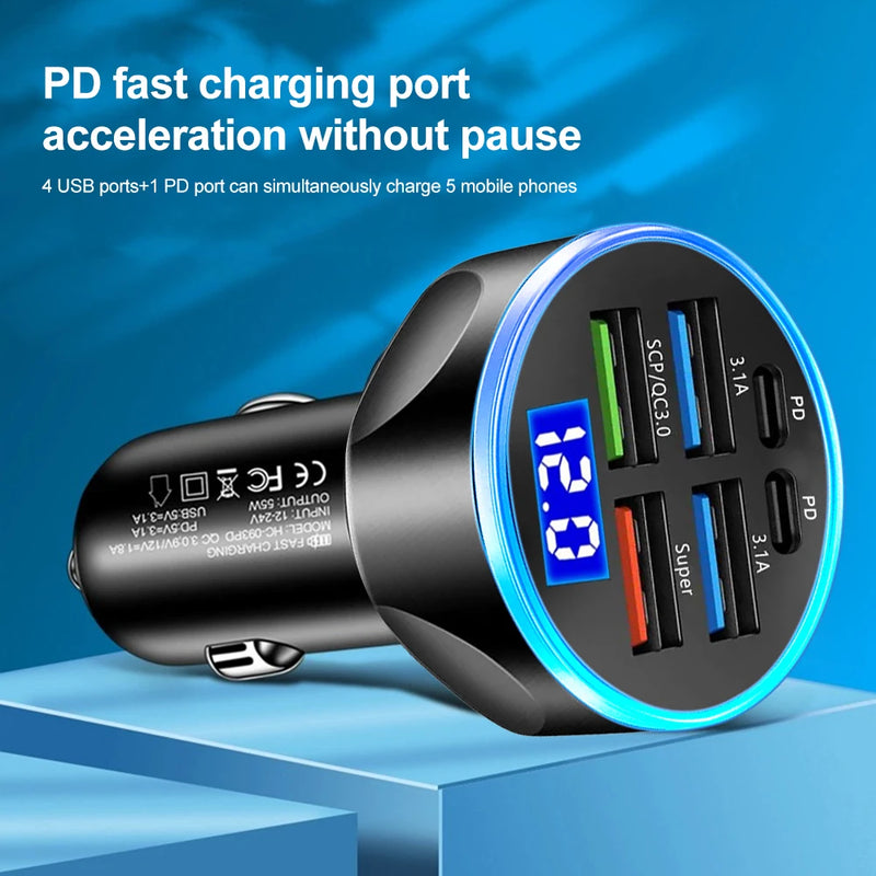 Danoz Smart - 66-250W PD Car Charger QC3.0 Fast Charge One to Six Car Cigarette Lighter Plug Car Charger Flash Charge with Digital Display - Buy 1 Get 1 Free
