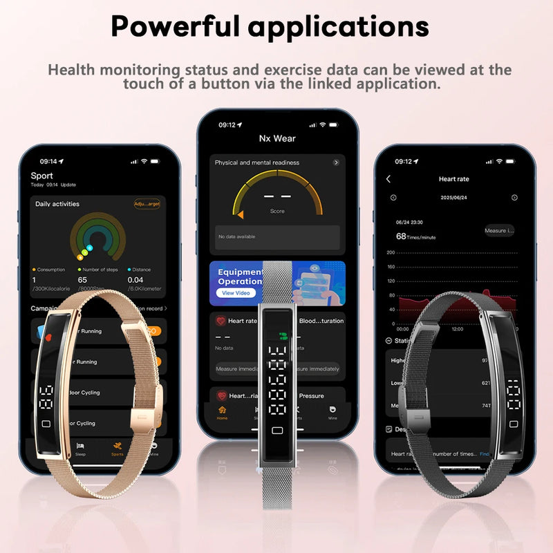 Smartwatch and fitness tracker with smartphone app interface on a light pink background