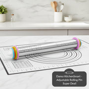 Rolling pin with colorful ends on a baking mat with measurements
