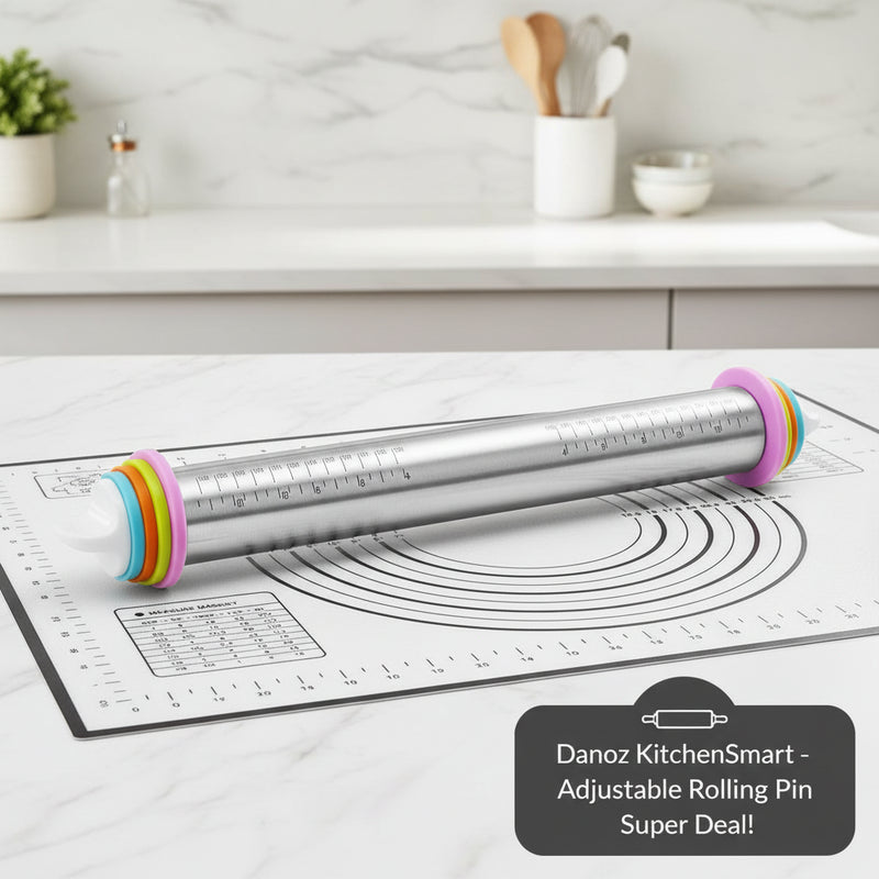 Rolling pin with colorful ends on a baking mat with measurements