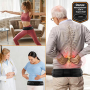 A three-panel collage showing a black back pain relief massage belt worn around the waist. The top-left panel shows a woman exercising in a living room.