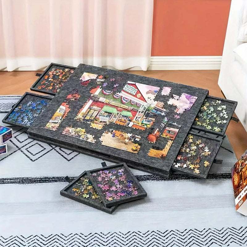 Danoz PuzzleSmart - 1000pcs Puzzle Board W/6 Sliding Drawers - Portable Non-Slip Organizer, Durable Storage for Home/Travel.
