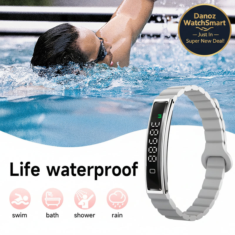 Person swimming with a digital watch on wrist, emphasizing water resistance features.