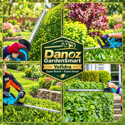 Collage of images showing a person using a hedge trimmer to trim bushes in various outdoor settings.