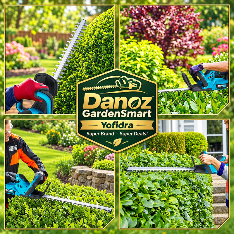 Collage of images showing a person using a hedge trimmer to trim bushes in various outdoor settings.