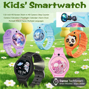 Six kids' smartwatches in different colors (purple, light blue, orange panda, black, pink cartoon) are displayed on a grassy background with white flowers, featuring promotional text and a camera detail inset.