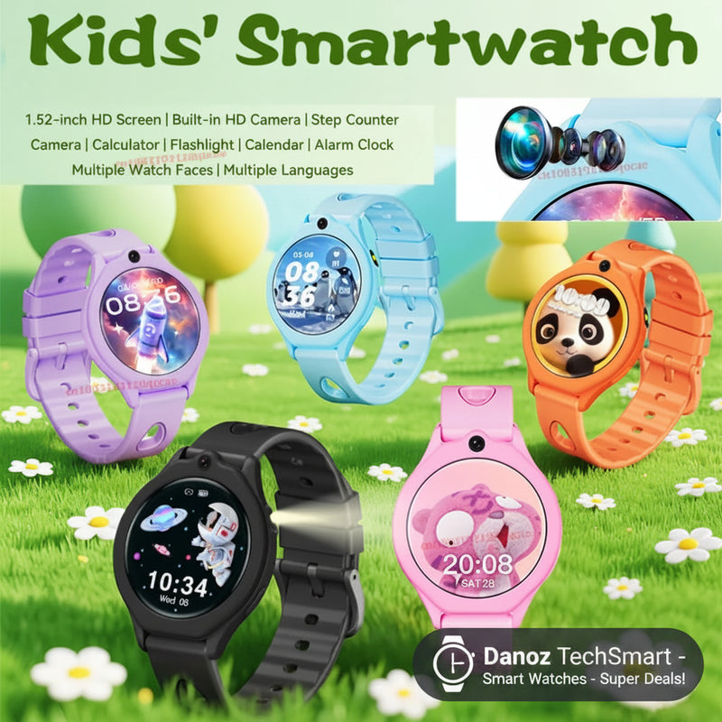 Six kids' smartwatches in different colors (purple, light blue, orange panda, black, pink cartoon) are displayed on a grassy background with white flowers, featuring promotional text and a camera detail inset.