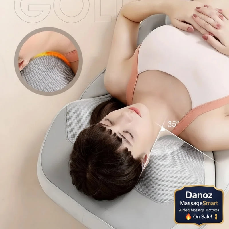 Woman using a massage pillow with close-up details on a beige background