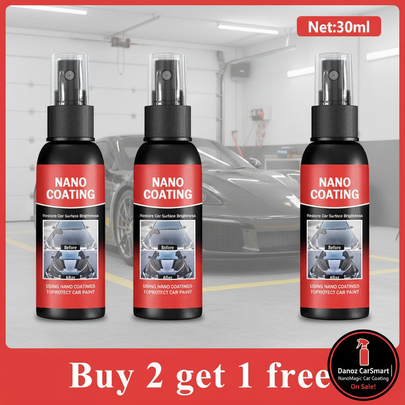Three bottles of nano coating spray with a promotional offer on a red background.