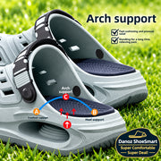 A pair of light gray and dark gray slip-on clogs with arch support technology, featuring a diagram showing foot support points labeled A, B, and C with text explaining arch support benefits.