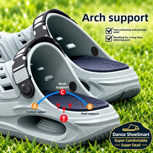 A pair of light gray and dark gray slip-on clogs with arch support technology, featuring a diagram showing foot support points labeled A, B, and C with text explaining arch support benefits.