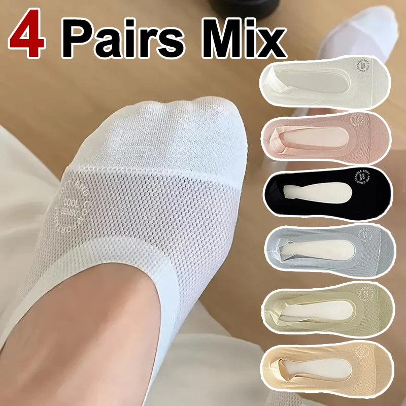 Danoz SockSmart - 4 or 10 Pairs Women Breathable Mesh Invisible Socks Spring Summer Thin Soft Comfortable Silicone Anti Slip Cotton Casual Socks
