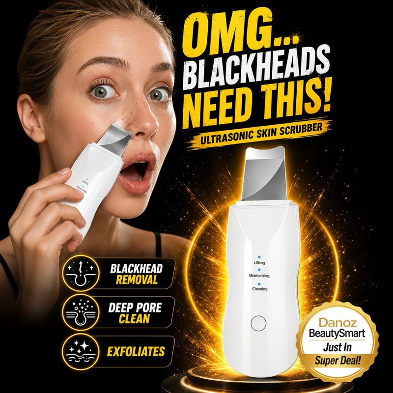 An advertisement for an ultrasonic skin scrubber showing a woman holding the white device against her nose, with a large standalone view of the device on the right. Bold text reads 'OMG.