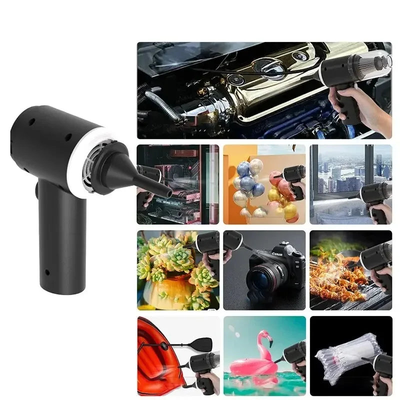 Black handheld device used in various scenarios including car maintenance, cleaning, and decorative purposes.