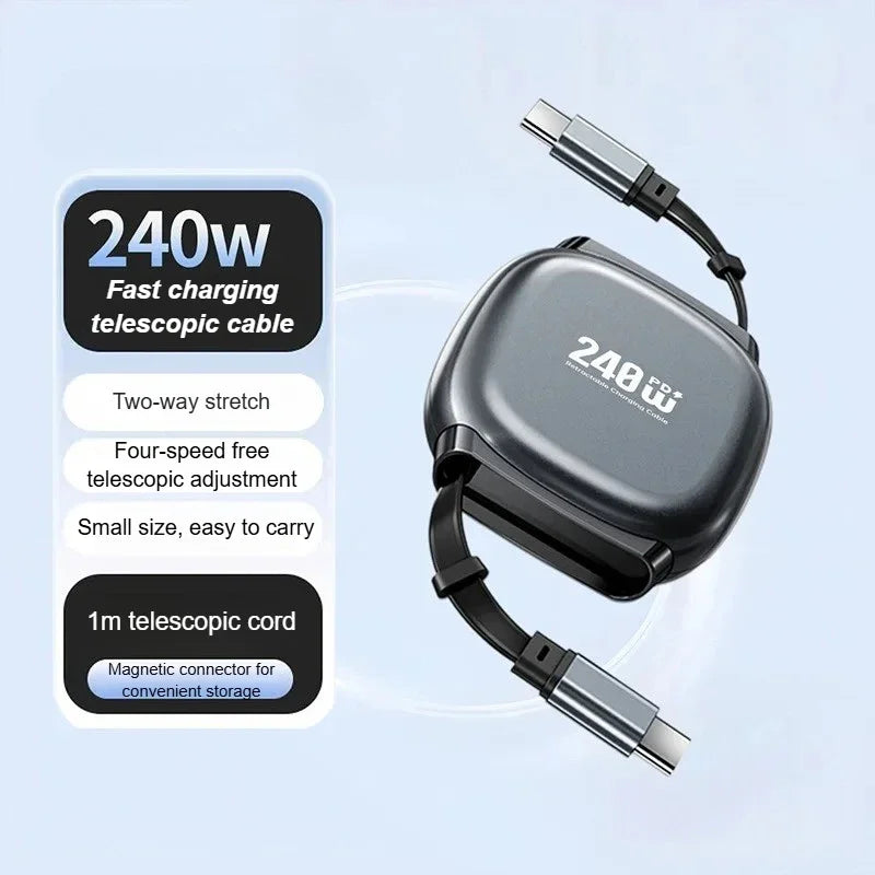 ⚡ Danoz USBSmart | 240W Retractable Fast Charging Cable | USB-C to C | 5A | Auto-Coiling | Travel Ready | Phone, Tablet & Laptop | White, Black & Blue
