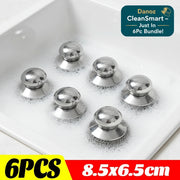 Six stainless steel wire wheel brush attachments arranged in two rows on a white background, with text overlays at the bottom indicating '6PCS' and '8.5x6.