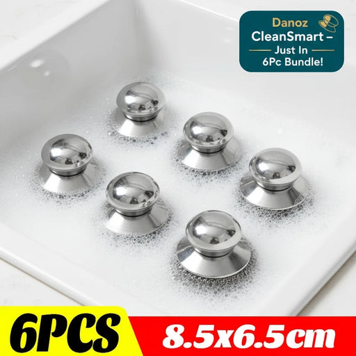 Six stainless steel wire wheel brush attachments arranged in two rows on a white background, with text overlays at the bottom indicating '6PCS' and '8.5x6.