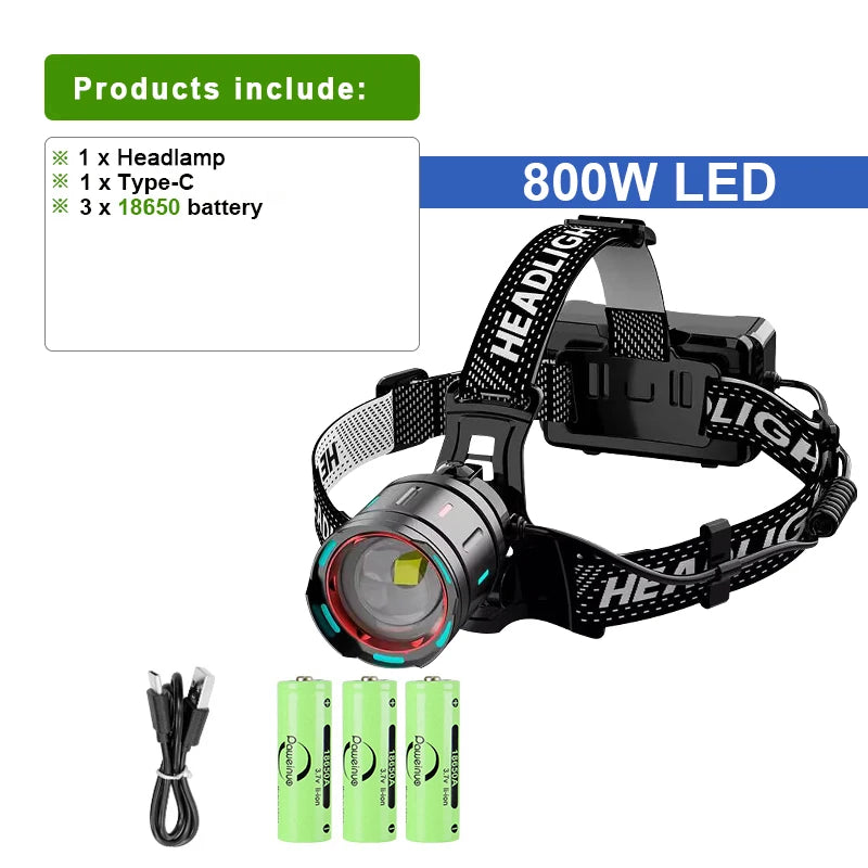 Danoz Lights - High Power 800W LED Headlight 500000000LM Super Bright Zoom Waterproof Headlamp Outdoor Camping Work Hunting Lantern