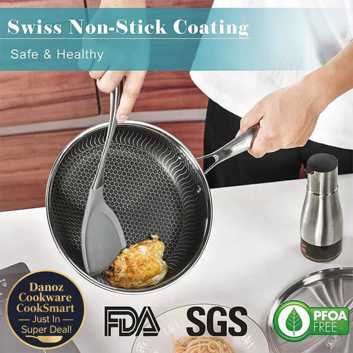 Person holding a non-stick frying pan with Swiss non-stick coating, featuring FDA, SGS, and PFOA-free logos.