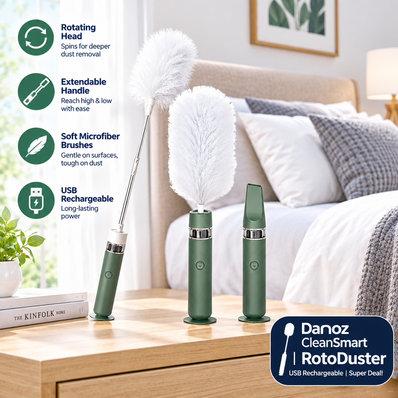 🌀 Danoz CleanSmart RotoDuster | 360° Electric Spin Duster with Vacuum | USB Rechargeable | Washable Microfibre Head | Free Postage!