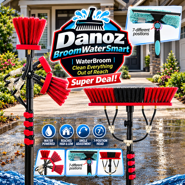 Set of Broom water cleaner, including a squeegee and brushes on a house roofs background